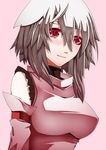  animal_ears bare_shoulders blush breasts detached_sleeves heart heart-shaped_pupils impossible_clothes impossible_shirt inubashiri_momiji large_breasts looking_at_viewer mazuka_kei no_hat no_headwear red_eyes shirt silver_hair smile solo symbol-shaped_pupils touhou wolf_ears 