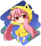  boots cherry chibi food frog_raincoat fruit hatsune_miku long_hair n39 pink_hair rain raincoat red_eyes rubber_boots sakura_miku solo teruterubouzu twintails very_long_hair vocaloid 