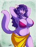  amber_eyes anthro arm_behind_head big_breasts blue_background breasts cat chalo chest_tuft chubby cleavage clothed clothing feline female fur hair long_hair looking_at_viewer mammal one_eye_closed open_mouth plain_background pose purple purple_bikini purple_body purple_hair simple_background skimpy smile solo thighs tuft voluptuous whitney_(pnc) wink yellow_eyes yellow_skirt 