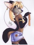  canine clothed clothing covering ear_piercing female fox looking_at_viewer mammal michele_light piercing skimpy skirt solo 