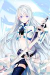  belt blue_legwear cross flat_chest garter_straps holding jacket jewelry long_hair lowres midriff mu-i navel necklace open_mouth purple_eyes shorts solo sword sword_girls thighhighs very_long_hair weapon white_hair 