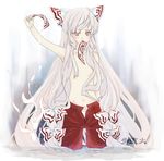  bad_id bad_pixiv_id bow collarbone fujiwara_no_mokou hair_bow long_hair pants poruhi red_eyes silver_hair solo topless touhou very_long_hair 