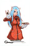  animal_ears blue_eyes blue_hair cat_ears cat_paws dated earrings felicia fingernails food jacket jewelry lips long_fingernails long_hair makizushi marker_(medium) omar_dogan paws signature simple_background solo sushi traditional_media vampire_(game) 