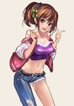  asymmetrical_clothes bare_shoulders breasts brown_eyes brown_hair camisole character_request cleavage cutoffs denim hair_ribbon jeans medium_breasts midriff navel off_shoulder official_art okishiji_en ougon_bakusou!_decotora_tournament pants ponytail ribbon simple_background smile solo strap_slip 