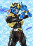  armor belt black_bodysuit blue_gloves bodysuit breasts cowboy_shot floral_background gloves helmet horn huujyu index_finger_raised kamen_rider kamen_rider_amaki kamen_rider_dcd kamen_rider_hibiki_(series) looking_at_viewer pose shoulder_pads small_breasts solo standing star 