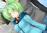  ^_^ absurdres animal_ears blush breasts cat_ears cat_tail closed_eyes collar dodome-iro_mayonnaise green_hair hand_in_hair highres hood hoodie medium_breasts original petting sharon_(dodomayo) smile solo_focus sunlight tail 