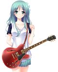  aosi_(wasabiranzy) bad_id bad_pixiv_id collarbone cowboy_shot eyebrows_visible_through_hair green_eyes green_hair guitar hair_between_eyes instrument long_hair looking_at_viewer original short_sleeves simple_background skirt smile solo white_background 