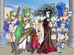  amazon_pandora black_hair blonde_hair blue_hair breasts eggplant_wizard eleka flower goddess green_hair highres jewelry kid_icarus kid_icarus_uprising komatayo komayto lots_of_jewelry medusa_(kid_icarus) metroid metroid_(creature) midriff multiple_girls nachure navel_cutout nintendo palutena phosphora reaper_(kid_icarus) rebera snake toes viridi water waterfall 