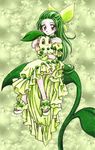  bare_shoulders chikorita chikorita85 dress floral_background full_body gen_2_pokemon green green_background green_dress green_hair green_ribbon hair_ribbon holding hug looking_at_viewer moemon personification plant pokemon red_eyes ribbon traditional_media 