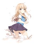  :o blonde_hair brown_eyes cherry_blossoms flower from_behind kneehighs kneeling kusano_houki long_hair looking_back no_shoes official_art sakura-sou_no_pet_na_kanojo school_uniform shiina_mashiro skirt solo white_legwear wind wind_lift 