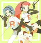  1girl bad_id bad_pixiv_id big_hair blue_eyes blue_hair clothes_writing gen_1_pokemon green_eyes hair_slicked_back headphones heart kojirou_(pokemon) mei_(maysroom) meowth microphone midriff musashi_(pokemon) one_eye_closed pokemon pokemon_(anime) pokemon_(creature) red_hair team_rocket 