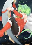  absurdres ahoge animal_ears bell black_legwear blush breasts cat_ears cat_tail commentary_request detached_sleeves dodome-iro_mayonnaise fish green_eyes green_hair highres holding large_breasts original pantyhose ribbon riding sack sharon_(dodomayo) sideboob snowing solo tail 
