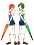  ^_^ closed_eyes closed_umbrella green_hair green_neckwear hino_akane_(smile_precure!) kneehighs midorikawa_nao multiple_girls nanairogaoka_middle_school_uniform necktie ponytail precure red_eyes red_hair school_uniform short_hair simple_background skirt smile_precure! tima umbrella white_background 