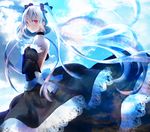  albino blue_hair bow cloud day dress floating_hair hair_bow hatsune_miku long_hair looking_back nexus_(setxuna) red_eyes sky solo twintails very_long_hair vocaloid 