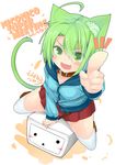  :d absurdres ahoge animal_ears blush cat_ears collar dated dodome-iro_mayonnaise fang green_eyes green_hair highres niconico open_mouth original sharon_(dodomayo) sitting skirt smile solid_circle_eyes solo terebi-chan thighhighs white_legwear 