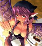  absurdres animal_ears apron bare_shoulders breasts brown_eyes cake candle cleavage collarbone covered_nipples downblouse eel english food foreshortening fork from_above hands happy_birthday head_scarf heart highres large_breasts leaning_forward looking_at_viewer mystia_lorelei naked_apron naughty_face okamisty pov purple_hair short_hair smile solo sweat tetsua_rei touhou wings 