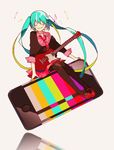  4_(nakajima4423) alternate_costume aqua_eyes aqua_hair blue_hair cellphone eyes_closed guitar hatsune_miku instrument iphone long_hair music musical_note necktie phone pixiv_manga_sample smartphone smile twintails vocaloid 