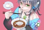  bad_id bad_pixiv_id baozi bowl chopsticks eating food food_on_face green_eyes grey_hair hair_tubes luo_tianyi noodles solo tripletype vocaloid vocanese 