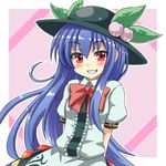  blue_hair blush food fruit grin hat hinanawi_tenshi jd_(bibirijd) long_hair peach pink_background red_eyes smile solo touhou upper_body 