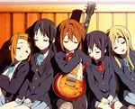  akiyama_mio artist_request black_hair closed_eyes guitar hime_cut hirasawa_yui instrument k-on! kotobuki_tsumugi long_hair multiple_girls nakano_azusa pantyhose sakuragaoka_high_school_uniform school_uniform short_hair sleeping smile tainaka_ritsu uniform 