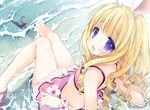  :d arm_support bikini bikini_skirt blonde_hair blush drill_hair elin_(tera) emily_(pure_dream) flat_chest looking_at_viewer looking_back open_mouth partially_submerged purple_eyes shoes sitting smile swimsuit tera_online water 