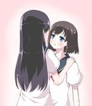  after_kiss blue_eyes blush from_behind hands_on_shoulders long_hair multiple_girls onjouji_toki saki saki_achiga-hen saliva saliva_trail school_uniform senriyama_school_uniform serafuku shimizudani_ryuuka short_hair yui_(imprinting) yuri 