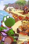  4boys :d beach bowser crab day driving food fruit go_kart hand_on_headwear holding looking_back mario mario_kart multiple_boys ocean open_mouth outdoors palm_tree princess_peach racing shell signature smile toad tree watermark web_address yoshi 