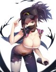  1girl akali akali_(cosplay) baseball_cap black_hat breasts brown_hair character_request choker cleavage collarbone cosplay dungeon_and_fighter earrings green_eyes hat highres jewelry k/da_(league_of_legends) k/da_akali large_breasts league_of_legends mask midriff navel pants ponytail short_hair sidelocks sleeveless solo standing sugar_(dndi888) torn_clothes torn_pants white_background 