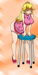  absurdres bare_legs bare_shoulders bent_over blonde_hair breast_squeeze breasts covered_nipples crown dress high_heels highres large_breasts long_hair mario_(series) panties panties_around_one_leg pink_dress princess_peach shoes super_mario_bros. underwear 