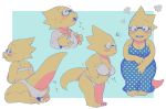  1girl alphys blue_background blush bra breasts cleavage dress furry glasses highres lizard_tail ouse_(otussger) panties plump polka_dot polka_dot_dress sitting tail undertale underwear yellow_skin 