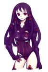  ar_tonelico ar_tonelico_ii elaizy flat_chest hair_ribbon hand_on_hip jakuri long_hair purple_hair red_eyes ribbon smile solo thighhighs 