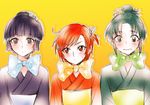  alternate_hairstyle aoki_reika bow flower green_eyes green_hair hair_flower hair_ornament hino_akane_(smile_precure!) japanese_clothes kimono midorikawa_nao multiple_girls precure purple_eyes purple_hair red_eyes red_hair smile_precure! tima 