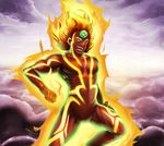  fire god green_eyes kid_icarus male male_focus muscle nude open_mouth pyrrhon sky tattoo 