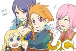  4girls blonde_hair blue_eyes blue_hair braid breasts cleavage coat dress estellise_sidos_heurassein eyes_closed gloves judith long_hair mole multiple_girls open_mouth orange_hair patty_fleur pink_hair purple_eyes red_eyes ribbon sodia tales_of_(series) tales_of_vesperia 