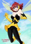  :d blue_eyes boots breasts cleavage cloud covered_nipples day elbow_gloves gloves hindenburg insect_wings janet_van_dyne large_breasts marvel open_mouth pantyhose red_hair skirt sky smile solo superhero wasp_(marvel) wings 