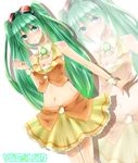  bad_id bad_pixiv_id blush cosplay goggles goggles_on_head green_eyes green_hair gumi gumi_(cosplay) hatsune_miku long_hair midriff navel simple_background skirt solo twintails uruha_(yw1109) vocaloid white_background wrist_cuffs zoom_layer 