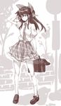  alternate_costume bow bus_stop contemporary hair_bow hair_tubes hakurei_reimu matsuno_canel monochrome necktie school_uniform short_hair sign skirt solo touhou 