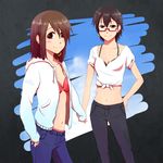  bad_id bad_pixiv_id bikini_top bonjin brown_eyes brown_hair casual denim glasses hirasawa_yui hood hoodie jeans k-on! manabe_nodoka multiple_girls open_clothes open_hoodie pants short_hair 