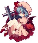  :/ ankle_lace-up bad_id bad_nicoseiga_id bat_wings blue_hair blush cross cross-laced_footwear flower hat legs_up matatabi_maru mob_cap moon red_eyes red_flower red_moon red_rose remilia_scarlet rose short_hair sitting solo touhou wings wrist_cuffs 