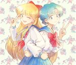  aino_minako back-to-back bad_id bad_pixiv_id bishoujo_senshi_sailor_moon blonde_hair blue_eyes blue_hair blue_sailor_collar bow chika_(12chika) earrings floral_background hair_bow half_updo jewelry juuban_middle_school_uniform locked_arms long_hair long_sleeves looking_at_viewer mizuno_ami multiple_girls neckerchief one_eye_closed open_mouth pocket red_bow sailor_collar school_uniform serafuku shiba_koen_middle_school_uniform short_hair skirt smile standing v yellow_eyes 