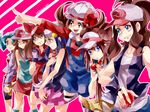  6+girls bandana baseball_cap beanie blue_(pokemon) crystal_(pokemon) haruka_(pokemon) hat highres hikari_(pokemon) kotone_(pokemon) mei_(pokemon) multiple_girls pantyhose pink_background pokemon pokemon_(game) pokemon_bw pokemon_bw2 pokemon_dppt pokemon_frlg pokemon_gsc pokemon_hgss pokemon_rse thighhighs touko_(pokemon) visor_cap 