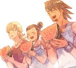  2boys bad_id bad_pixiv_id barnaby_brooks_jr blonde_hair brown_hair facial_hair food fruit kaburagi_kaede kaburagi_t_kotetsu multiple_boys pon_(cielo) side_ponytail stubble summer tank_top tiger_&amp;_bunny watermelon 