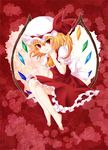  ascot bad_id bad_pixiv_id barefoot blonde_hair fang flandre_scarlet floral_background flower hat hat_ribbon hatori_kumi red red_background red_eyes ribbon rose short_hair side_ponytail skirt skirt_set smile solo touhou wings 