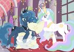  elenafreckle equine feathers female feral friendship_is_magic hair hallway hooves horn mammal multi-colored_hair my_little_pony pillow pillow_fight princess princess_celestia_(mlp) princess_luna_(mlp) royalty winged_unicorn wings 