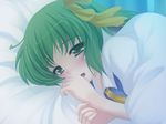  afterglow bad_id bad_pixiv_id blanket bow daiyousei green_eyes green_hair hair_bow looking_at_viewer necktie onsen_tamago_(nurumayu_onsen) open_mouth short_hair solo touhou 
