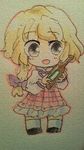  bad_id bad_pixiv_id beerko blonde_hair bottle bow brown_eyes chibi lowres open_mouth original plaid plaid_skirt ribbon skirt smile solo sui_(kuromame_mittsu) thighhighs traditional_media zettai_ryouiki 