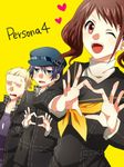  2girls ;d bad_id bad_pixiv_id blonde_hair blue_hair brown_hair erigamine hat kujikawa_rise long_hair multiple_girls one_eye_closed open_mouth persona persona_4 school_uniform shirogane_naoto short_hair smile sweatdrop tatsumi_kanji twintails 