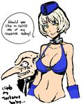  1girl bikini_top blush breasts cleavage elizabeth_(persona) english groin hat igor large_breasts monochrome non-web_source parted_lips persona persona_3 sketch smile strap_gap sweat yellow_eyes 
