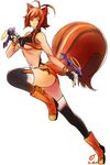  absurdres animal_ears antenna_hair black_legwear blazblue boots breasts brown_eyes brown_hair crop_top dual_wielding early_type fingerless_gloves gloves highleg highleg_panties highres holding large_breasts leg_up legs long_legs makoto_nanaya microskirt midriff navel orange_skirt panties revealing_clothes short_hair skirt solo squirrel_ears squirrel_tail tail thighhighs thighs tonfa underboob underwear weapon 