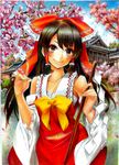  architecture bare_shoulders bow brown_eyes brown_hair cherry_blossoms collarbone colored_pencil_(medium) detached_sleeves east_asian_architecture gohei graphite_(medium) hair_bow hair_tubes hakurei_reimu hands highres long_hair midriff navel nobita sarashi shrine smile solo touhou traditional_media 